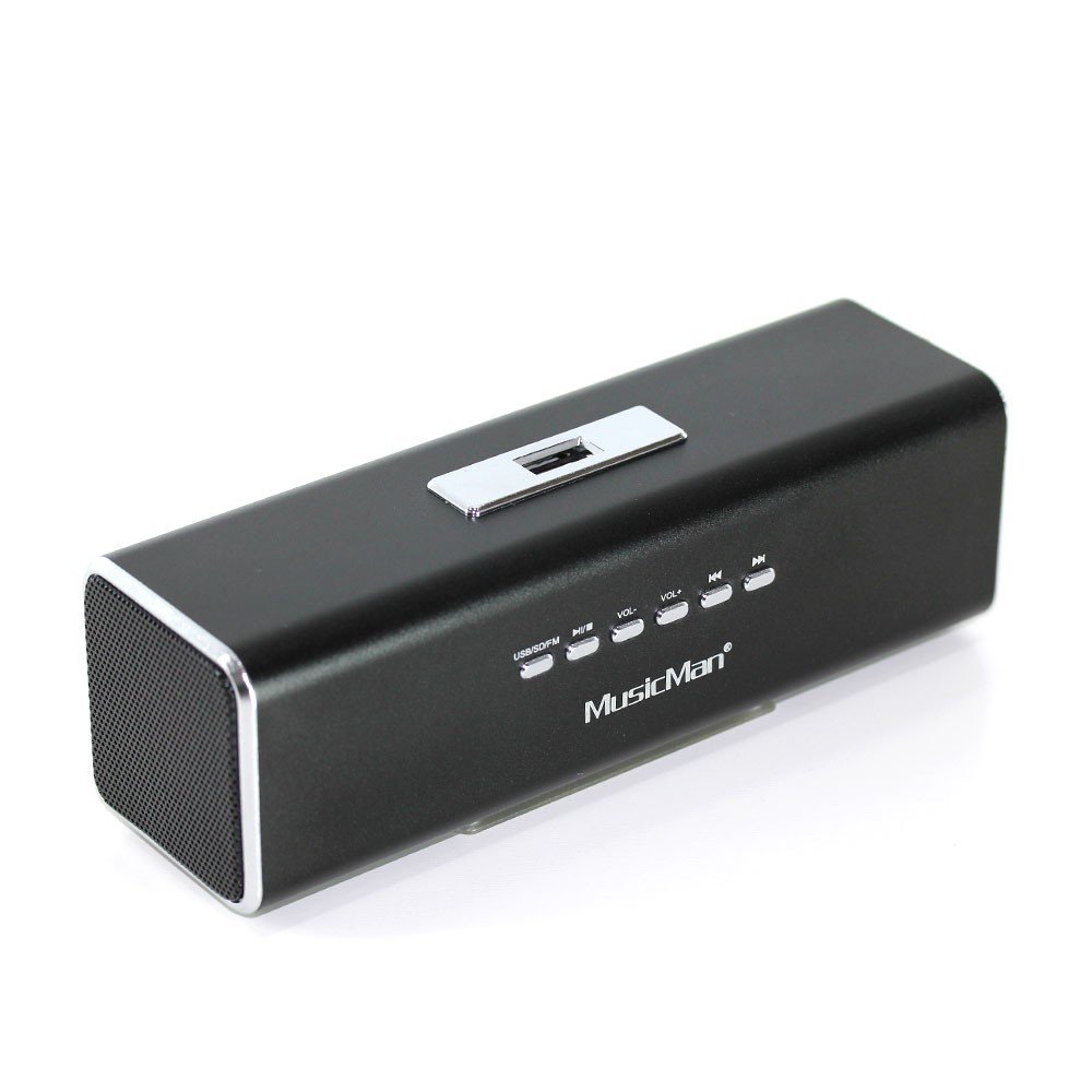 Altavoz portátil MusicMan MA Soundstation - Sonido estéreo - Radio FM, reproductor de MP3, USB, AUX / Line-In, soporte de tarjeta MicroSD - Tiempo de reproducción 6 horas - Ideal para viajar (Negro)