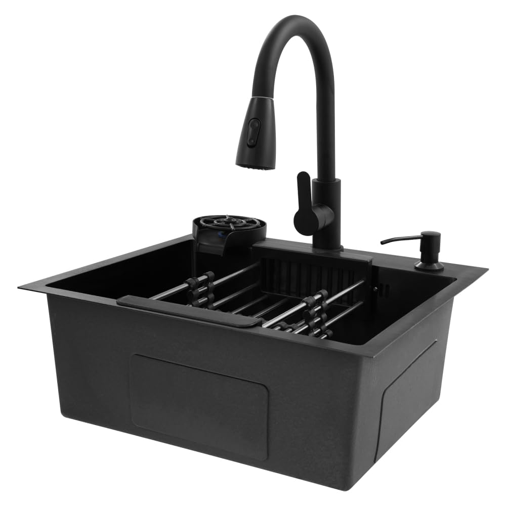 Fregadero negro 50x45 cm, fregadero de cocina de acero inoxidable, lavabo de cocina con grifo extraíble, dispensador de jabón, fregadero de cocina pequeño de acero inoxidable, fregadero empotrado incl