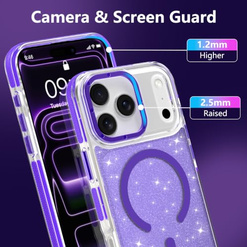 Image of Magnetic Case for iPhone 17 Pro Max [Compatible with Magsafe] [Bling Glitter Fluorescent Design] [1 Screen Protector] Slim Translucent Matte Case for iPhone 17 Pro Max 6.9 inch 2025, Purple