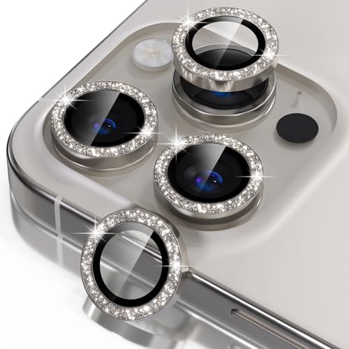 Misea Compatible for iPhone 16 Pro/iPhone 16 Pro Max Camera Lens Protector Bling 9H Tempered Glass Camera Cover Screen Protector Metal Individual Ring Protector Decoration Natural Titanium Glitter