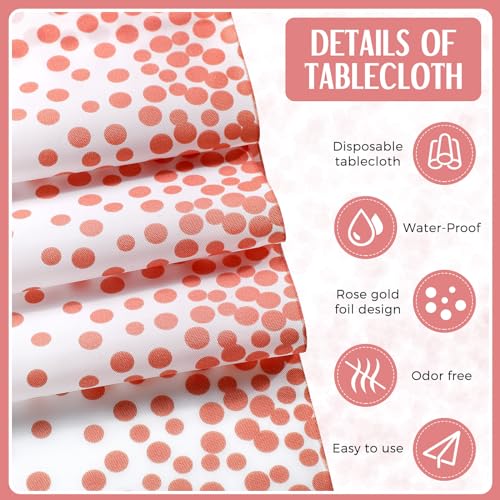 Image of Breling 8 Pack White and Rose Gold Disposable Plastic Tablecloths and Satin Table Runner Set, 54 x 108 Inch Tablecloth, 12 x 108 Inch Table Runners for Wedding Graduation Birthday Baby Shower New Year