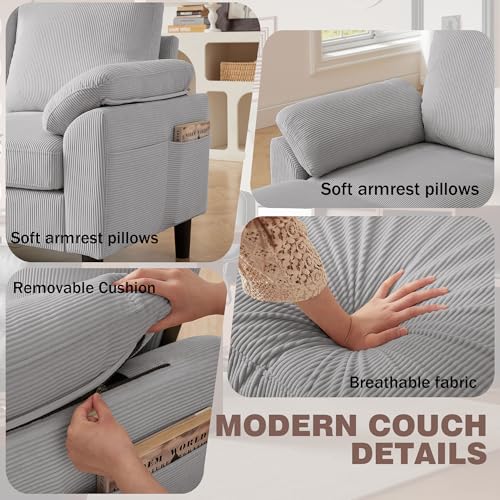 Image of 79.72 inch 3 Piece Corduroy Sofa Set with Storage Ottoman & Loveseat, L Shaped Sectional Couch with Side Pockets, Convertible Living Room Furniture Set for Small Space