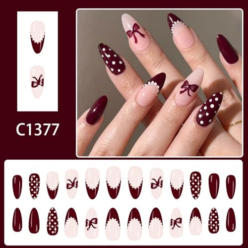 Image of Red Press on Nails Polka Dot Fake Nails Medium Almond False Nail with Bow Design French Tip Glue on Nails Glossy Full Cover Artificial Acrylic Stick on Nail for Women Manicure 24Pcs