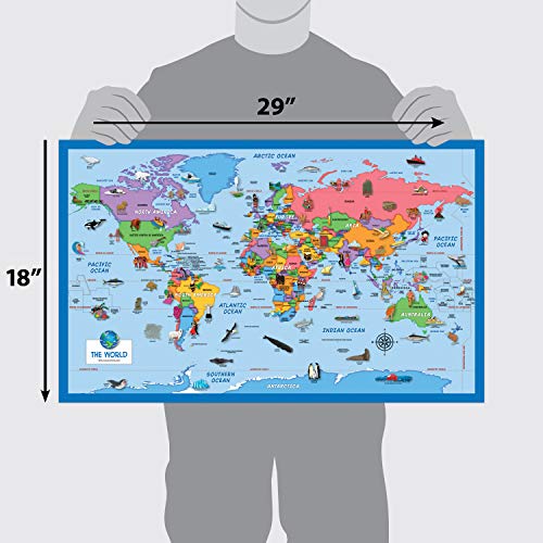 Palace Learning 2 Pack World Map Poster + Numbers 1-100 Math Chart for Kids [Illustrated] Laminated 18" x 29"
