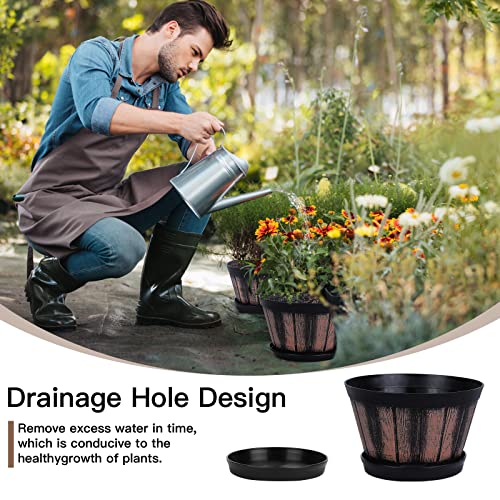 Image of Quarut 6 inch Brown Barrel Planters with Drainage Holes & Saucer, Set of 4, Indoor & Outdoor Garden Home Plants