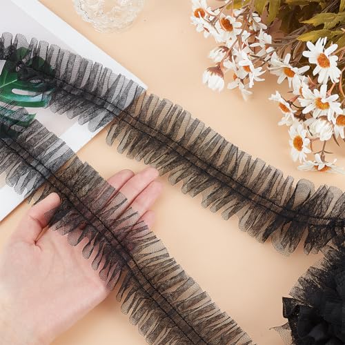 GORGECRAFT 10 Yards 6cm Wide Pleated Lace Edge Trim Embroidery Ruffle Organza Mesh Chiffon Ribbon Gathered Tulle Fabric Applique Edging Trimmings for Sewing Bridal Dress Costume Decoration Craft Black - Image 3