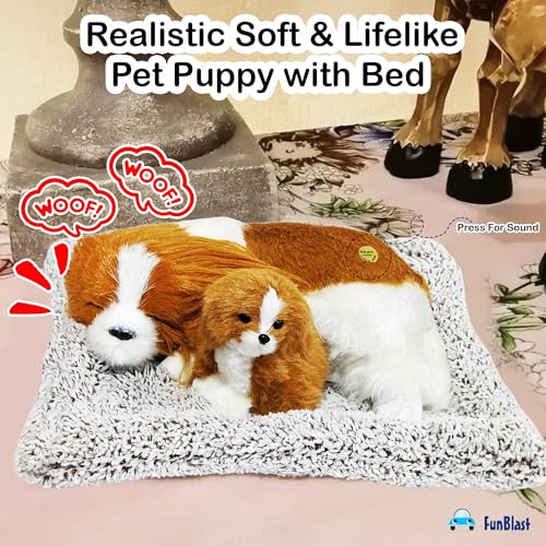 Image of FunBlast Sleeping Cute Dog with Puppy - Realistic Soft & Lifelike Pet Puppy with Bed for Car Dashboard and Home Decor, Sleeping Dog Soft Toy (Brown-White)