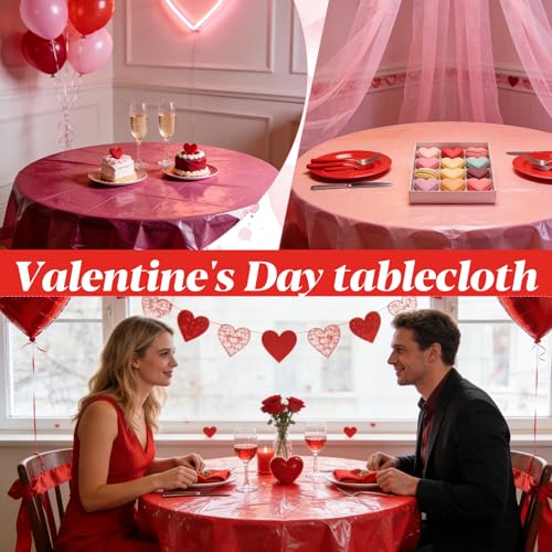 Image of CIEOVO 12 Pcs Valentine's Day Plastic Tablecloths, Disposable Round Red Pink Table Cover 84 Inch Waterproof Table Covers for Valentine's Day Family Wedding Birthday Bridal Shower Party Decorations