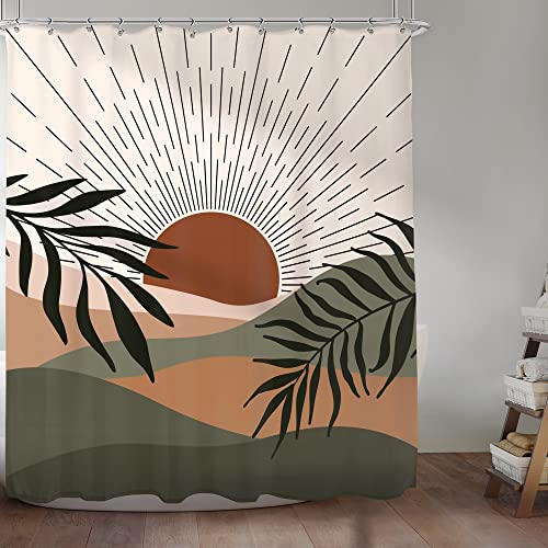 Komllex Boho Mid Century Mountain Shower Curtain For Bathroom Decor 60Wx72H Inches Modern Abstract Sunset Plant Leaf Minimalist Aesthetic Terracotta Fabric Waterproof Polyester 12 Pack Hooks #TOP1