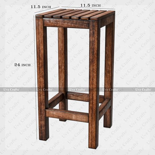 Image of Solid Mango Wood Tall Wooden Stool 24 Inch | Bar Stool for Kitchen & Home | High Stool for Standing, Seating & Plants | Premium Solid Wood