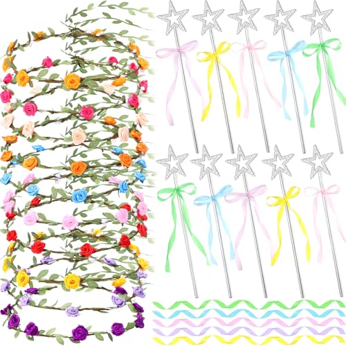 Suncalla 30 Pcs Flower Crown Wreath Headband with 13 Inches Fairy Wand for Tea Party Floral Headpiece Rose Flower Wreath Princess Wands for Spring Wedding Festival Vacation Fairy Party