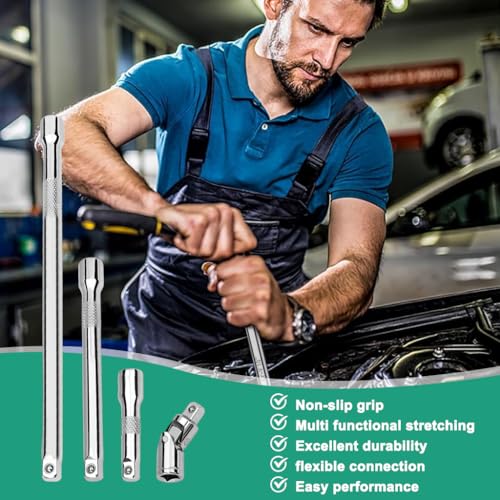 Image of STHIRA 4-Piece 3 /8 inch Drive Socket Extension Bar Set, Includes 3 inch /6 inch /10 inch Extensions with Universal Joint Adapter, Heavy-Duty Carbon Steel Socket Extension Kit for Automotive and Mechanical Use