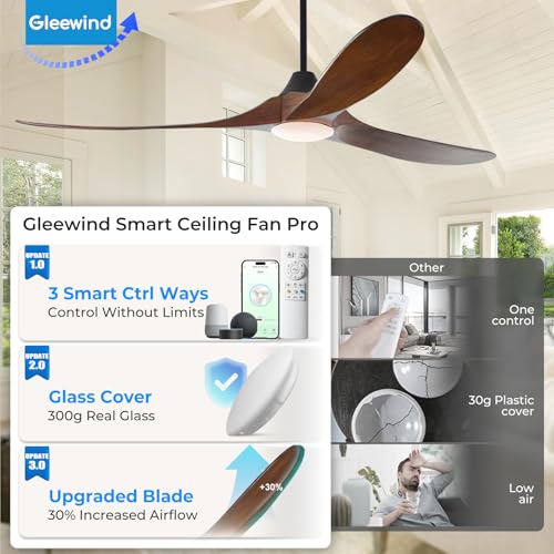 Image of Outdoor Ceiling Fans with Lights-Glass Lamp, 60 inch Smart Ceiling Fan with WIFI Alexa and App Remote Control, Damp Rated Wood Propeller Blades for Patios & Porch, 3 Blades, High CFM 6 Speed, Walnut