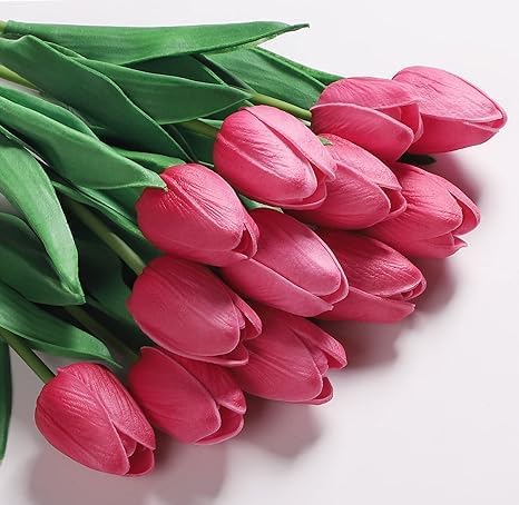 Image of Garden Art Artificial Tulip Flowers (Pack of 5) | Real Touch Silicone Single Stem Tulips for Home Decor, Living Room, Office, Vase & Wedding Decoration GAASTFB-1H-33RP (Rose Pink)