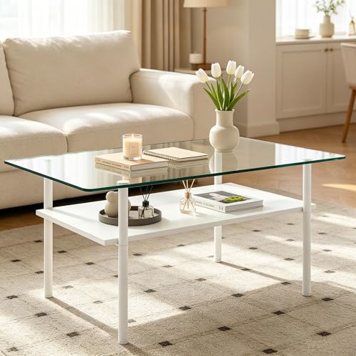 Image of 38.6 inch Glass Coffee Table for Living Room, 2-Tier Modern White Center Table with Tempered Glass Top, Wood Shelf & Metal Legs, Accent Tea Table for Small Space, Apartment,Easy to Assemble