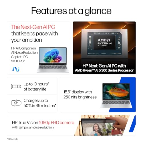 Image of HP OmniBook AMD Ryzen 5 New AI 330 Processor (24GB DDR5 Ram, 1TB SSD), Anti-Glare,15.6'' /39.6cm FHD, Win11,Office24, Silver,1.7kg, FHD Camera with Shutter, Fingerprint Reador, Backlit KB fn0074AU