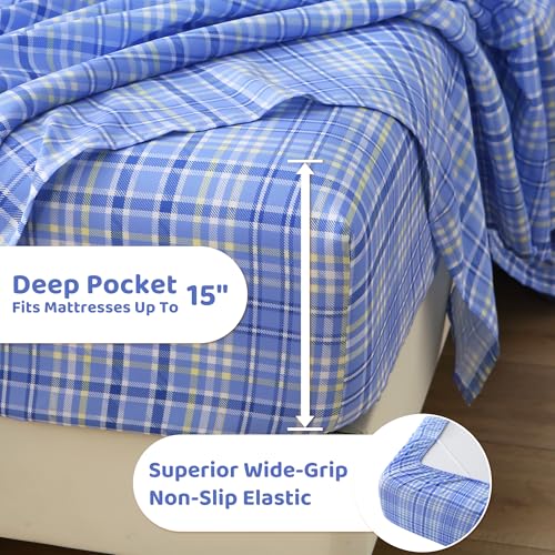 Image of Mooreeke Cozy Plaid Microfiber Printed Queen Sheet Set - Soft & Breathable Purple Yellow Plaid Bed Sheets with Extra Deep Pocket - Non-Slip Fitted Design - Purple Yellow Square Plaid Pattern - Queen