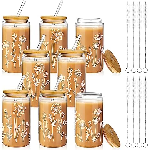 Mumufy 8 Pack Bridesmaid Proposal Gifts Boho Floral Iced Aesthetic Coffee Glass Cup 16 oz Drinking Glass with Bamboo Lid and Straw Cute Tumblers for Women Bridesmaid Wedding Party Favors Cover