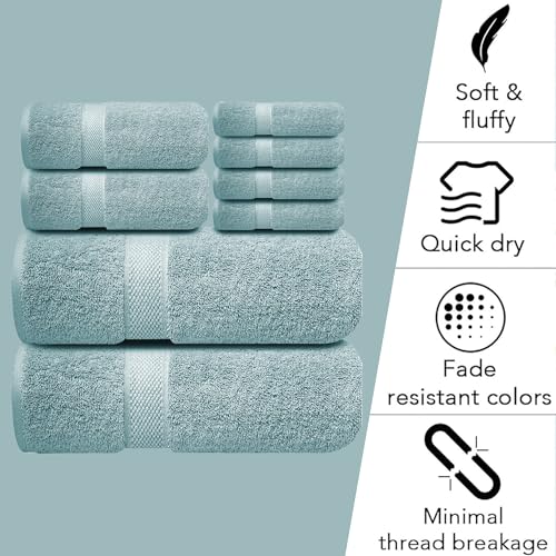 Image of Sulfar 100% Combed Cotton, 8 Pcs Towel Set - 2 Bath Towels (70 x 140 cm), 2 Hand Towels (40 x 70 cm) and 4 Face Towel (30 x 30 cm) (600 GSM, Pack of 8) Nile Blue