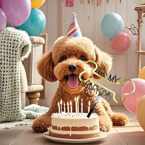 1 x Hunde-Geburtstagskuchen-Dekorationseinsatz,Goldener Hunde Knochen Kuchenaufsatz, Acryl Haustier Welpen Kuchen Topper Deko für Hunde Geburtstag, Stylische Haustier Kuchenaufsatz Deko