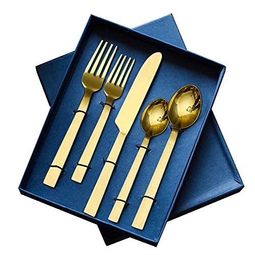 Nestroots Cutlery Set of 5 Pieces Dinner Spoon, Fork & Knife Set Stainless Steel – Table Spoon, Tea Spoon, Fork & Knife Flatware for Dining Table Gifts(Gold Plain)