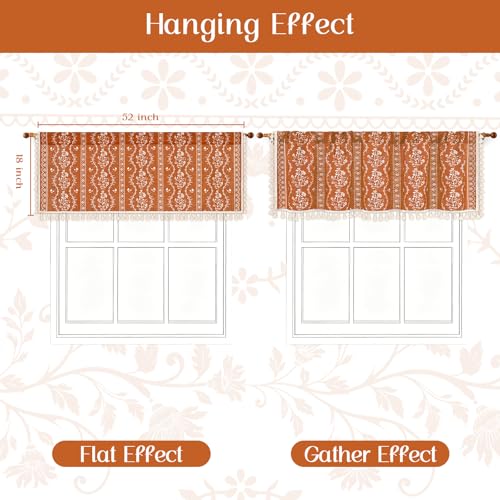 Image of Yinhua Boho Valance Curtains Vintage Linen Orange Kitchen Valances for Windows Light Filtering Bohemian Floral Valance Rod Pocket Farmhouse Tassel Window Valances for Bathroom Cafe, 52 inch W X 18 inch L