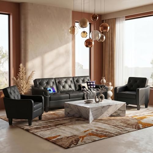Image of STHOUYN Living Room Furniture Set USB Charging Port, 3-Piece Sofa Set with 2 Accent Chairs & 3-Seat Couch, Black Faux Leather Couch Diamond Tufting, Modern Living Room Sets Home & Office
