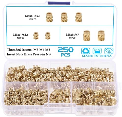 HSEAMALL 250PCS Threaded Insert Knurled Brass Nuts,M3 M4 M5 Insert Embedment Nuts,Internal Thread Knurled Nuts for 3D Printing Plastic Parts