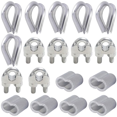 Quweiz 18Pcs M6 Wire Rope Accessory Set, 304 Stainless Steel Wire Rope Cable Clip Clamp Stainless Steel Thimble Aluminum Crimping Loop Sleeve for 1/4 Inch Wire Rope Cable