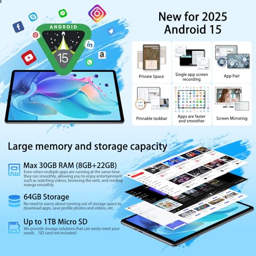 Image of 2026 Android 15 Tablet with Keyboard, 10.1 Inch Tablets FHD Display 30GB RAM 64GB ROM 1TB Expand, Octa-Core 2.0GHz, Widevine L1, 6000mAh Battery, 5G WiFi & GPS, Gemini AI, 2-in-1 Tableta PC - Gray