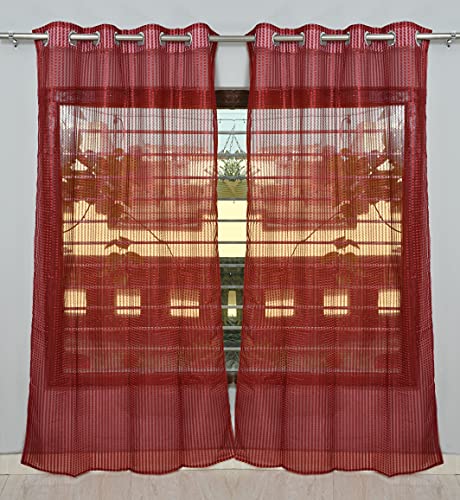 Image of Premium Polyester Floral Sheer Printed Net Combination Transparent Beautiful Curtains Set of 3 Piece for Window Maroon 5 Feet