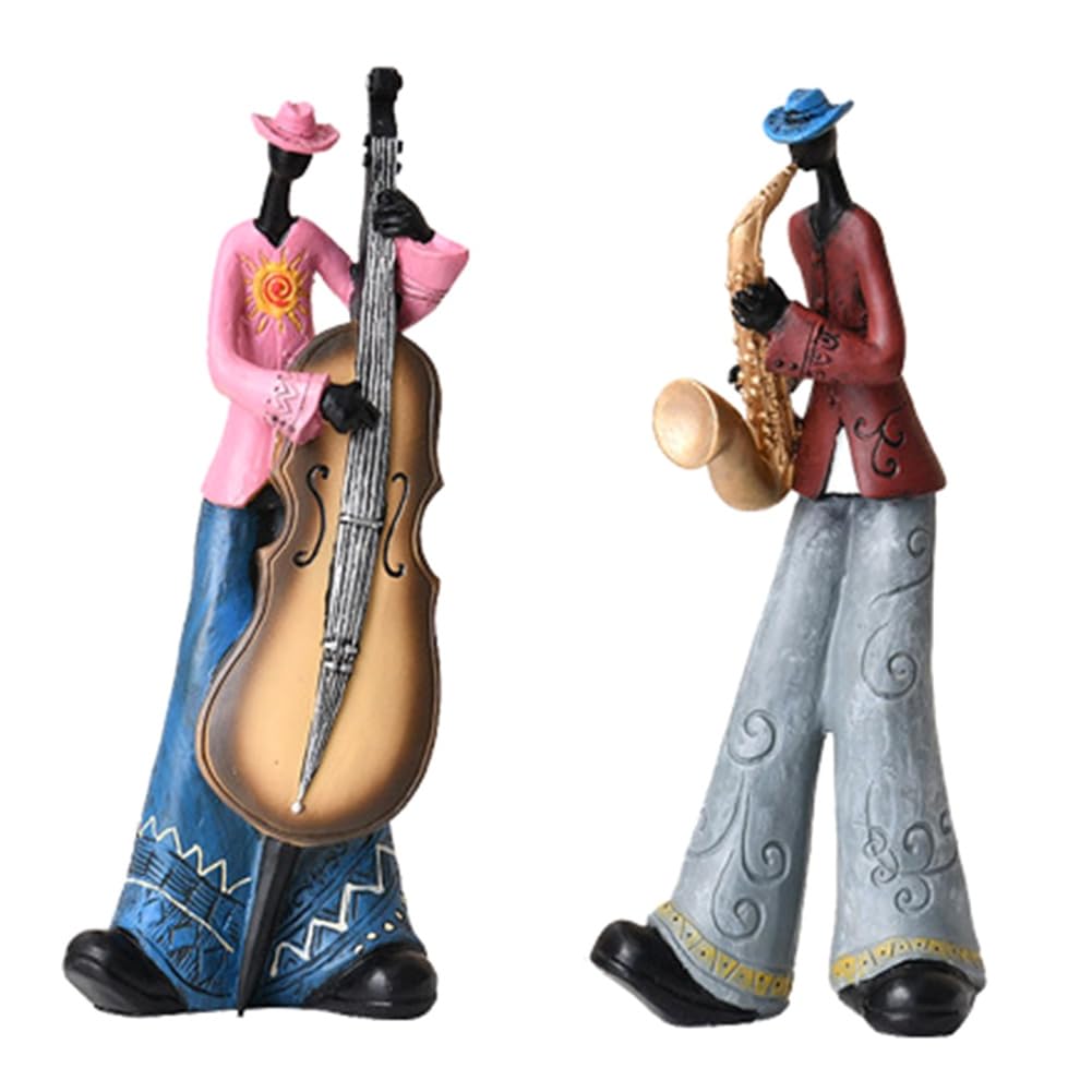 CTRLZS 2PCS Jazz Band Player Figurines Vintage Musician Figure Resin Statues Retro Sculpture Desktop Ornament Home Indoor Decor