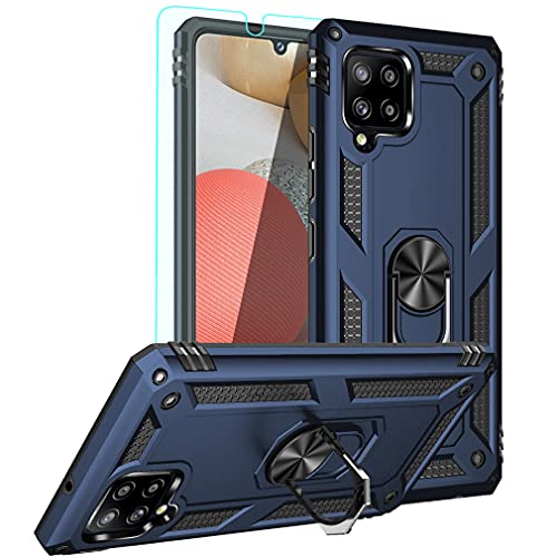 YZOK for Galaxy A42 5G Case,with HD Screen Protector,[Military Grade] Ring Car Mount Kickstand Hybrid Hard PC Soft TPU Shockproof Protective Case for Samsung Galaxy A42 5G (Blue)