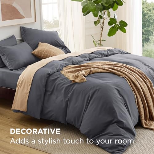 Image of Bedsure Duvet Cover with Fitted Sheet Queen - 6 Pieces, Deep Pocket, Hotel Luxury Soft Double Brushed Bedding Set, 1 Duvet Cover, 1 Fitted Sheet, 2 Pillow Shams, 2 Pillowcases, NO Comforter, Dark Grey