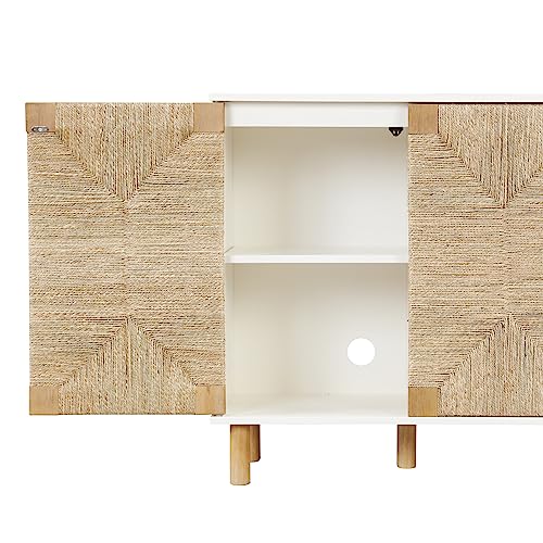 Image of Nathan James Beacon Accent Natural Sideboard Storage Cabinet TV Stand with Adjustable Interior Shelf and Seagrass Doors, for Hallway, Entryway or Dining Room, Light Brown /White, Set of 4