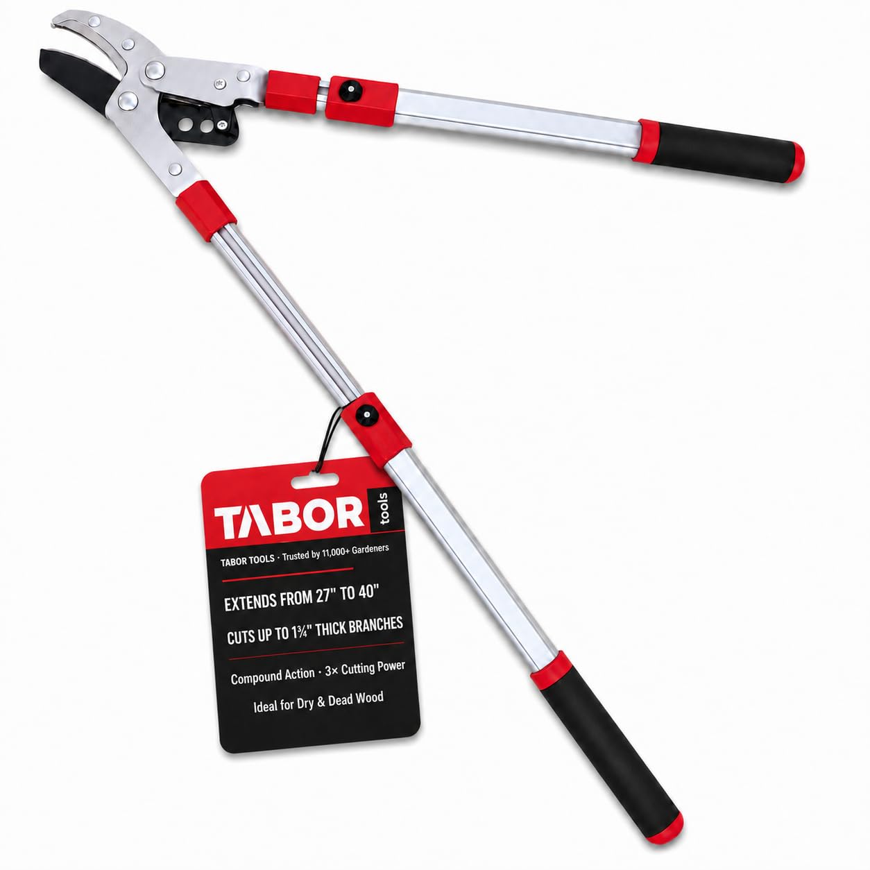 TABOR TOOLS GG22A Extendable Anvil Lopper with Compound Action, 27-40 Inch Telescopic Tree Trimmer &amp; Branch Cutter, Long Reach Tree Pruner with 1 3/4 Inch Cut Capacity, Chops Thick Dry Branches w Ease