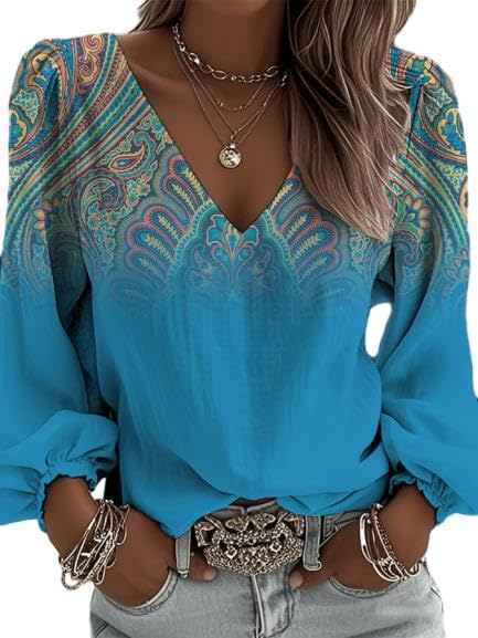 Women's Boho V-Neck Long Sleeve Blouse Top with Ethnic,Floral,Paisley and Embroidery Prints for Casual Everyday Style