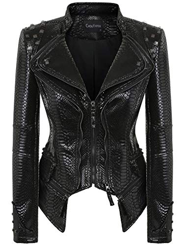 chouyatou Women's Fashion Snake Pattern Print Studded Moto Pu Leather Biker Jacket