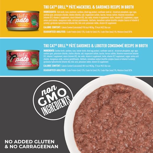 Image of Tiki Cat Grill Pate Variety Pack, Combinations of Real Flaked Fish, Wet High-Protein & High-Moisture Cat Food, 2.8 oz. Cans, 12 Count (Pack of 2)