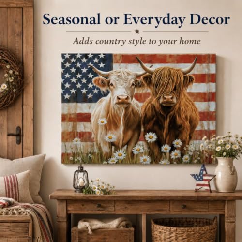 Image of Highland Cow Americana Flag Canvas Print Picture Wall Art for Home Decor | Patriotic Animal, Gallery Wrapped, for Living Room