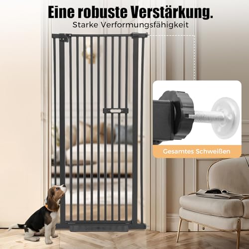 Treppengitter Schutzgitter für Haustiere Extra Hoch 150cm, Treppengitter Ohne Bohren Hundezaun Versenkbare Tür Sicherheitstor mit 2 rutschfeste Fußpedale, für Kinder und Haustiere