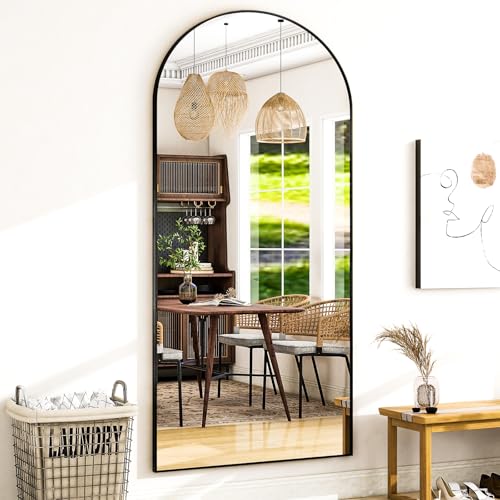 Image of Full Body Mirrors Arched Large Full Length Mirror with Stand Aluminum Wall Mounted Hanging or Leaning Standing Mirrors (Black, 34 inchx76 inch)