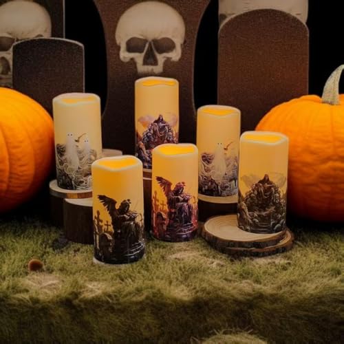 Image of Halloween LED Flameless Candles, Gothic Design, Set of 6, 5.7x3 inch, Remote Control with Timer, Battery Operated (6, D 3 inch)