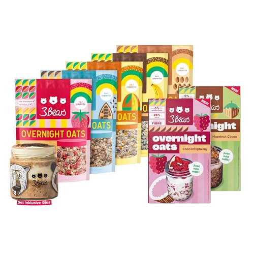 3Bears Overnight Oats Lover-Set inkl. Bären Glas, 7x400g vegane Porridgemischung, Sorten Himbeere, Haselnuss, Erdbeere, Mango, Koko Kakao, Eiskaffee und Bananen Split, ohne Industriezucker
