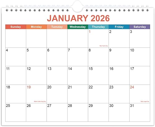 Calendario 2026  Calendario de 12 meses de enero de 2026 a diciembre de 2026, calendario 2026 con papel grueso, 8.5 x 11 pulgadas, colorido