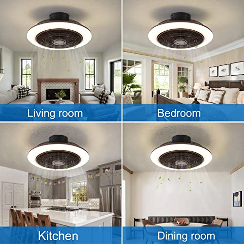 Dalouguan Flush Mount Ceiling Fan With Light Remote Control, 6 Speeds 3 Colors 18" Bladeless Ceiling Fan With Lights, Brown Low Profile Ceiling Fan For Living Room Bedroom Kitchen #TOP7