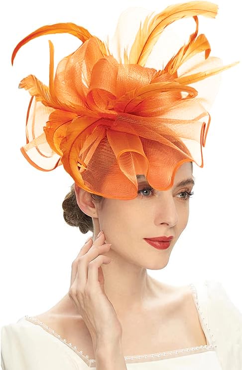 ORIDOOR Women Fascinator Flower Feathers Hat Tea Party for Derby Cocktail Wedding Kentucky Fascinators Hat A Orange