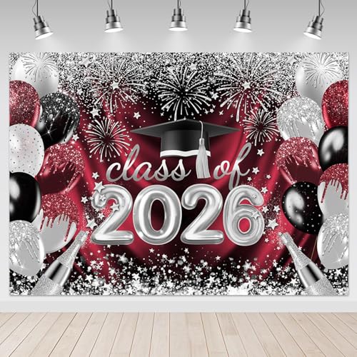 Mocsicka Red Graduation Backdrop - Maroon Congrats Grad Graduate Party Decorations Background, Class of 2026 Photography Backdrops 7x5ft