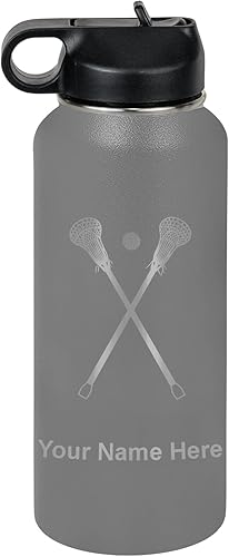 Vista 199 de LaserGram Botella de agua personalizada, palitos de lacrosse, acero inoxidable de doble pared aislada al vacío con popote superior, regalo grabado