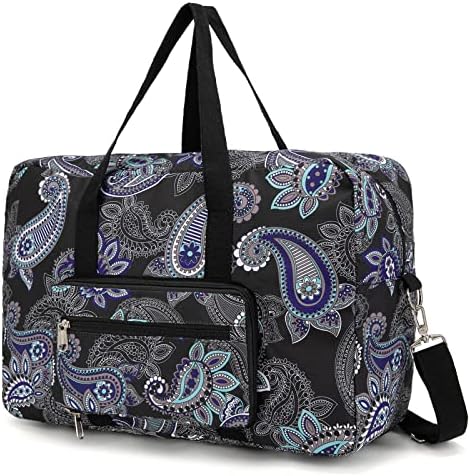 EXYANGEE Foldable Travel Duffel Bag, Medium Weekender and Overnight carry on Luggage bag for Women and Girl(Black Paisley)